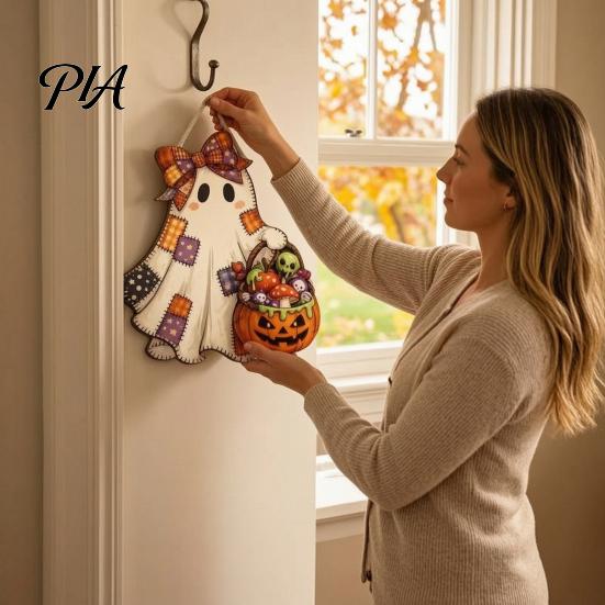 Cute Ghost Plaque Halloween Bow Door Sign, Wooden Patchwork Hanging with Pumpkin Candy Basket, Wood Craft Decoration Retro Wall Pendant Lanyard