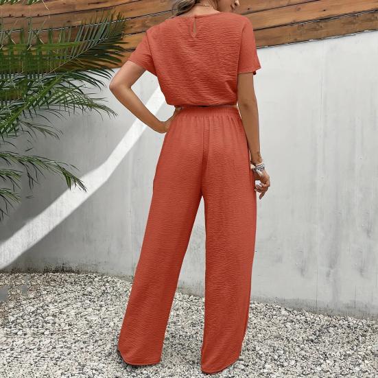 Комплект из 2 предметов: топы и брюки, О-образный вырез, короткий рукав, эластичный подол, повседневный свободный крой, однотонный, с высокой талией, длинные брюки