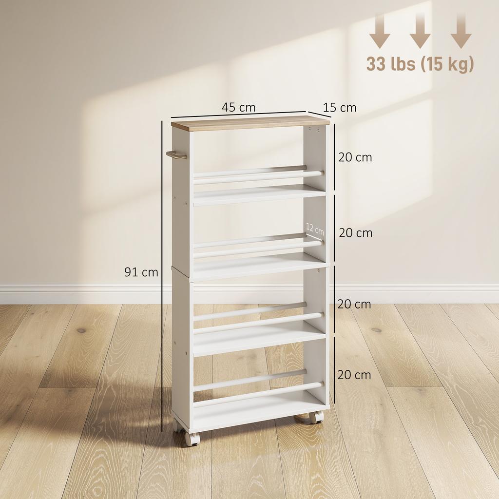 Multifunctional Natural Wood shelf with wheels, Slim design, 4 compartments, 45x15x91 cm, White