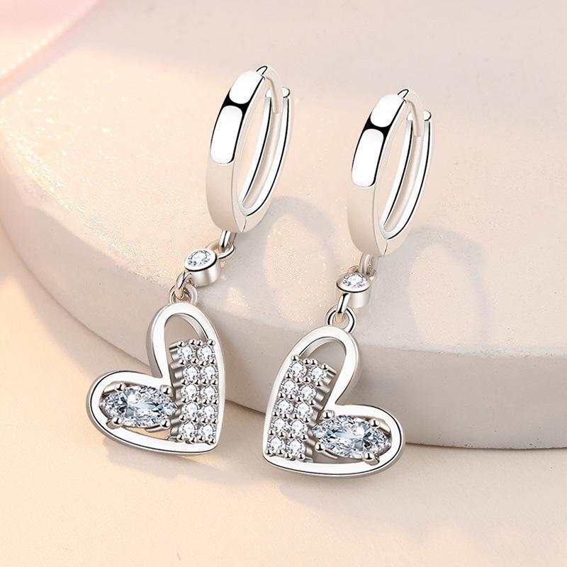 Delicate Solid 925 Sterling Silver White Heart-shaped Zircon Earrings for Women Promise Love Wedding Statement Bijoux Jewelry