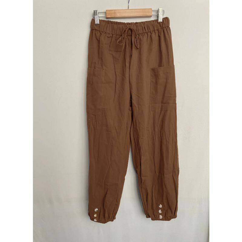 Women Elastic Waist Linen Blend Pants Drawstring Cropped Trousers With 10 Color Options