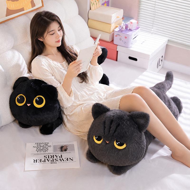 Cute Cat Plush Pillow, Black & Grey Cat Stuffed Doll, Long Sleeping Companion Toy, Birthday Gift for Girls, Sofa Cushion