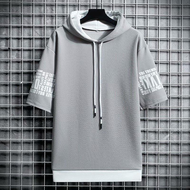 Summer Men's Casual All-match Hooded Pullover Quick-drying Running Sports Men's Printed Short-sleeved Top