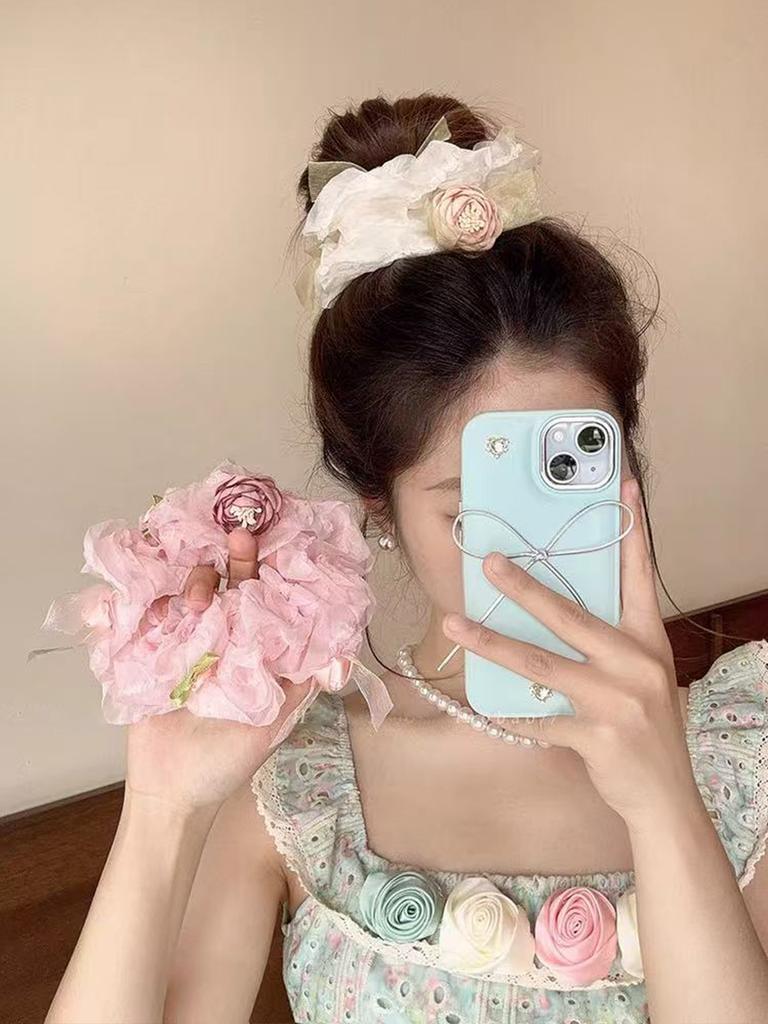 1pc Rose Flower Bow Lace Edge Large Intestine Hair Ring, Spring Elegant Flower Head Rope, High-end Ponytail Delicate Head Rope