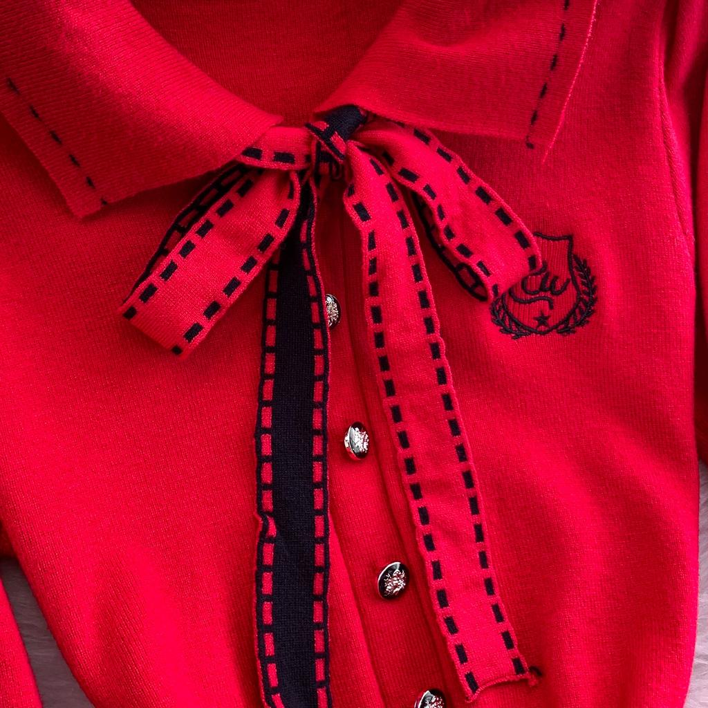 Spring Autumn Women College Stle Polo Color Full Sleeve Bowtie Knitted Sweater Mini Short Pullover Pleated Dresses