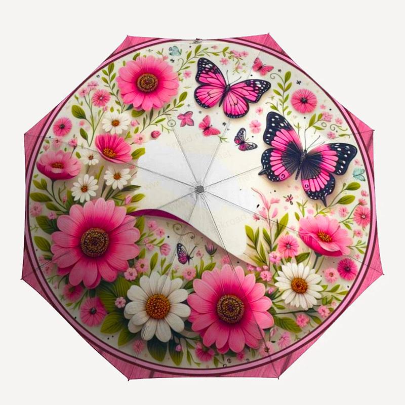 1pc Butterfly, Floral, Pink Umbrella with Plastic Handle,Compact & Stylish,Suitable for All Seasons YS331006