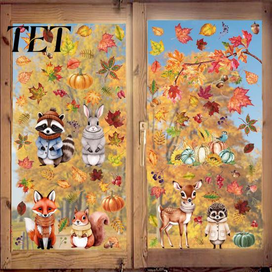 Removable Maple Leaf Decals 9 Sheets Fall Woodland Animals Window Clings, Autumn Pumpkin Scene Layout Supplies Squirrel Fox Rabbit Glass Sticker, Anti