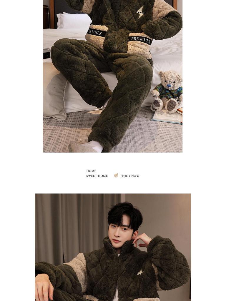 Men's Three-Layer Thickened Cotton Winter Pajamas - Warm, Simple, Luxury, and Suitable for Indoors and Outdoors.