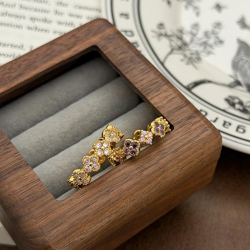 Light Luxury Retro Style Multi-Colored Flower Four-Leaf Clover Full Of Diamonds Zir*****Pen Ring Small Flower Niche Design Stacked Ring