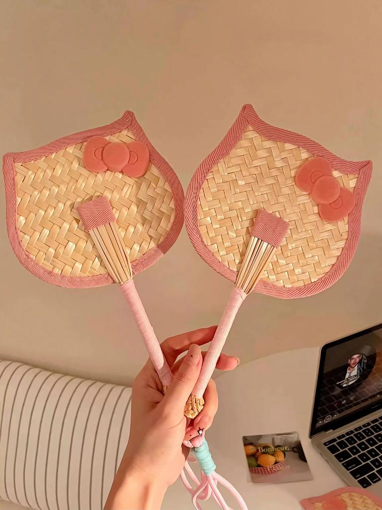 Japanese-Style Bow Fan 2026 New Model Handmade Woven Palm Leaf Fan Summer Small Fan Portable Durable Hand-Held Fan