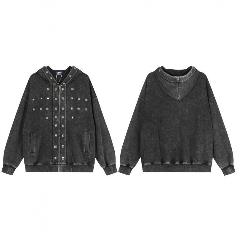 Unisex Streetwear Hooded Zip-Up Sweatshirt With Rivet Detail Cotton Blend Loose Fit Casual Wear