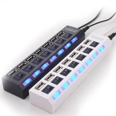 Новый 7-портовый USB-концентратор со светодиодной подсветкой, высокоскоростной USB-адаптер 480 Мбит/с, USB-концентратор с выключателем питания для портативных ПК