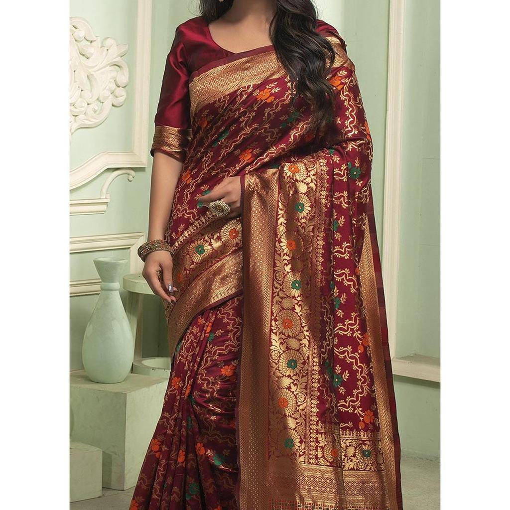 Banarasi Soft Silk Saree .Blouse (Need To Be Stitched As Per Size And Fit)