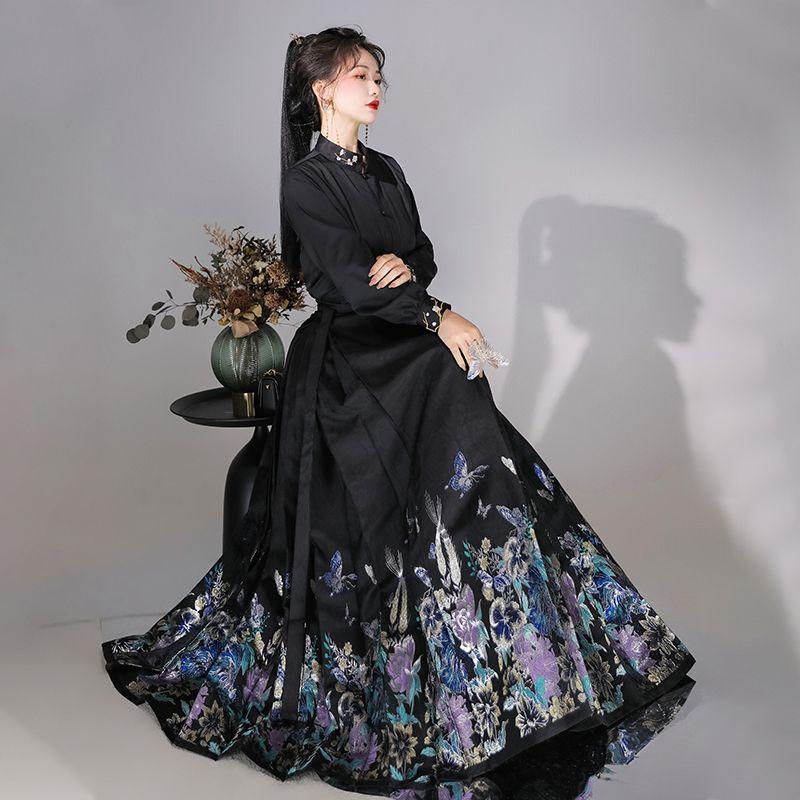 Оригинальная китайская женская рубашка в стиле династии Мин в стиле ханьфу со стоячим воротником и юбкой с лошадиным лицом