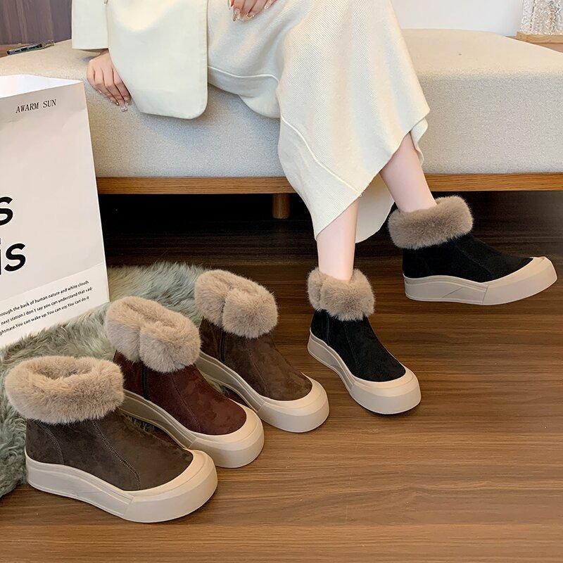 Ботильоны женские на меховой платформе для снега, замшевые балетки, плюшевые теплые хлопковые туфли, тренд 2025 года, удобные зимние модные повседневные ботинки для женщин