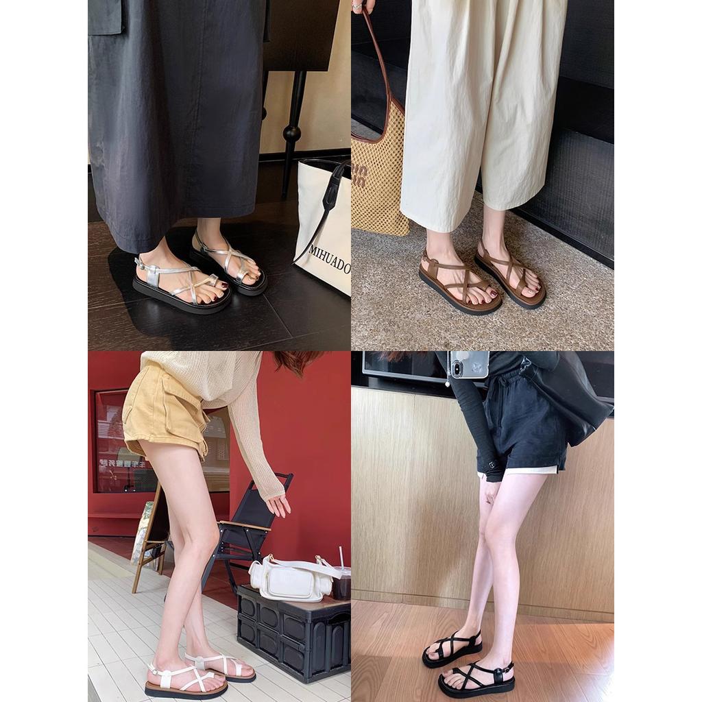 Sheepskin Version~ Leather Sandals Women's Summer Flat-bottomed Versatile Set Toes Crossed with Beach Roman Shoes