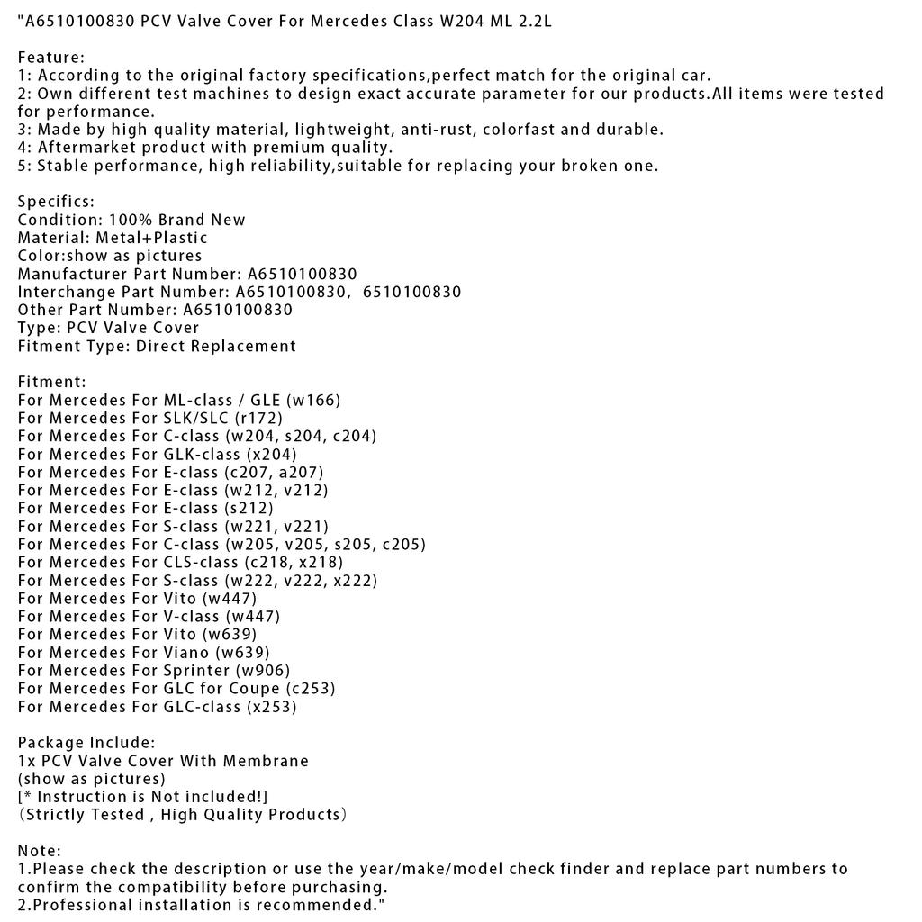 A6510100830 PCV Valve Cover For Mercedes Class W204 ML 2.2L