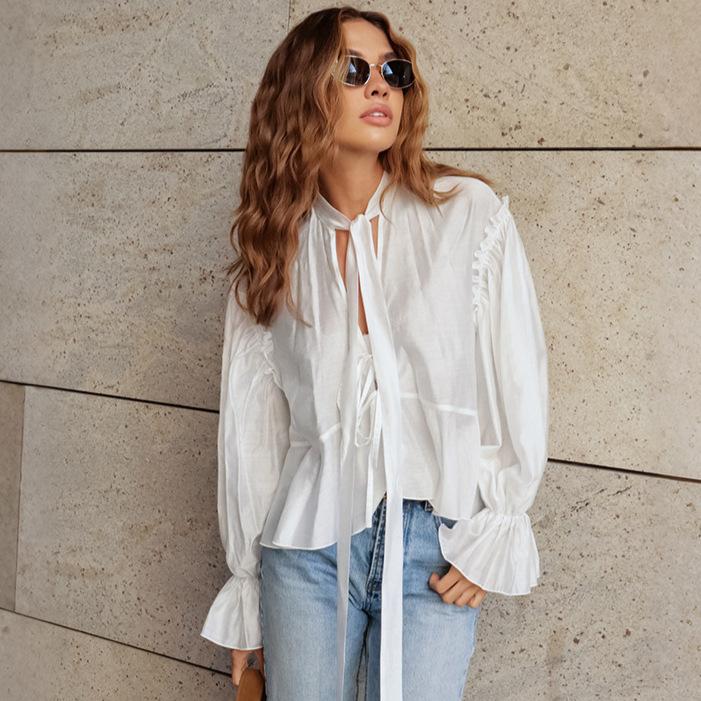 French autumn new product bubble sleeve loose lace-up Tencel shirt 1116 European and American fashion wholesale top women