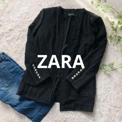 Б/у Жакет ZARA WOMAN без воротника из твида с обрезанными краями и бисером Повод ZARA WOMAN Стразы Размер US L