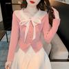 Spring New Style French Hepburn Style Bow Chic Lace Collar Sweet Slimming Fashionable and Versatile Long-sleeved Top for Women