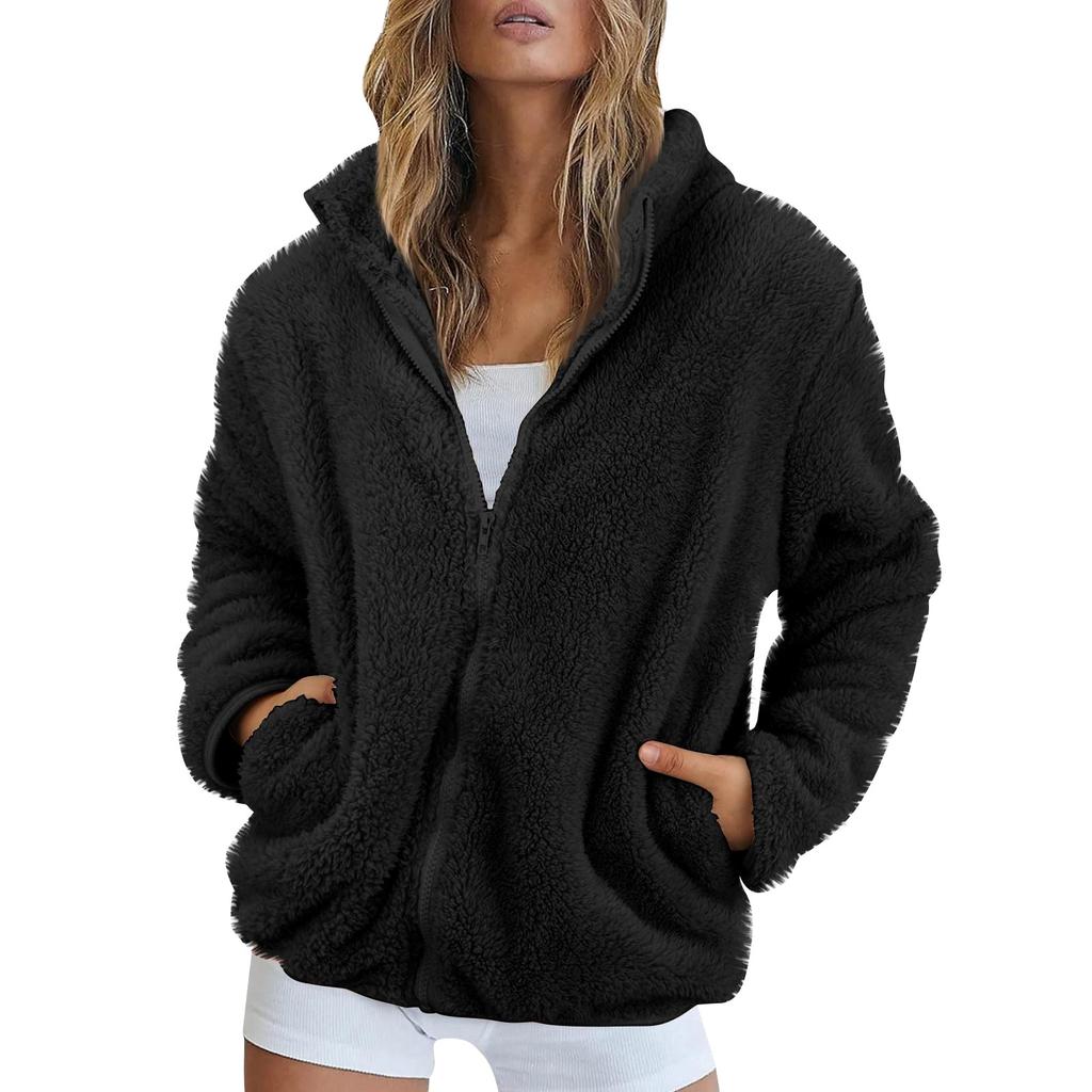 Women's Solid Color Fashionable Winter Loose High Neck Long Fleece Plush Warm Zipper Jacket