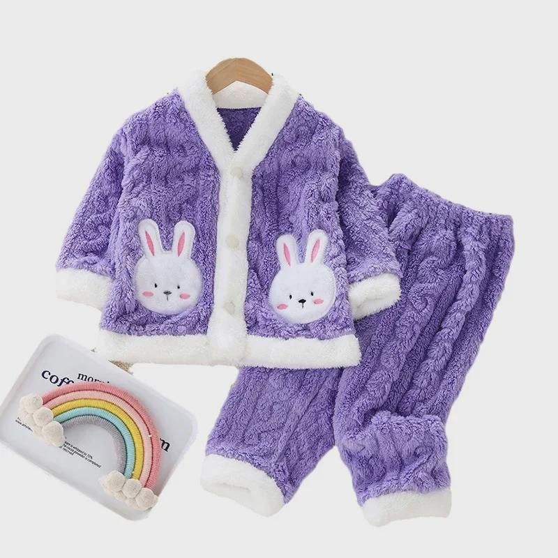 Пижамный комплект из кораллового флиса для девочек: Стильный, толстый и очень милый зимний костюм для детей от 1 до 10 лет