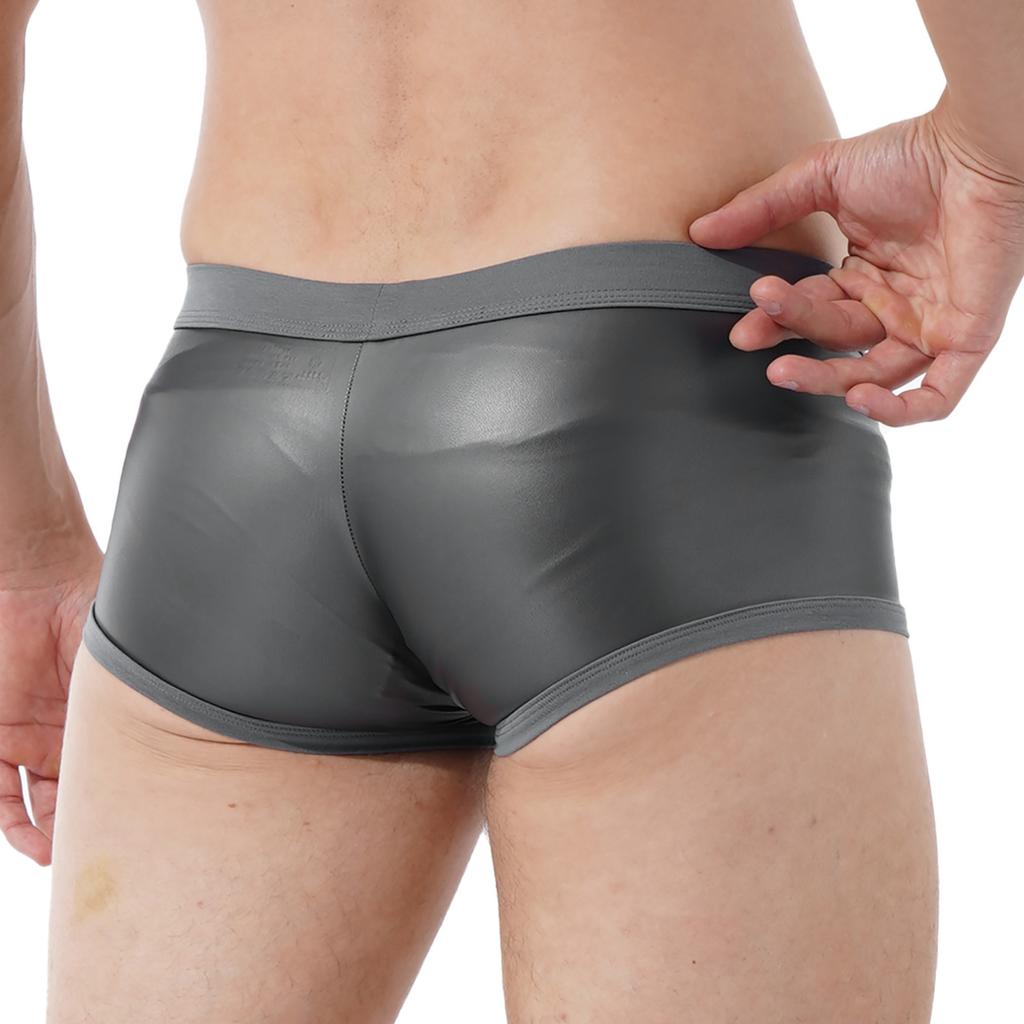 Men Low Waist Faux Leather Boxer Shorts Sports Swimming Trunks Swimwear Bulge Pouch Underpants Underwear