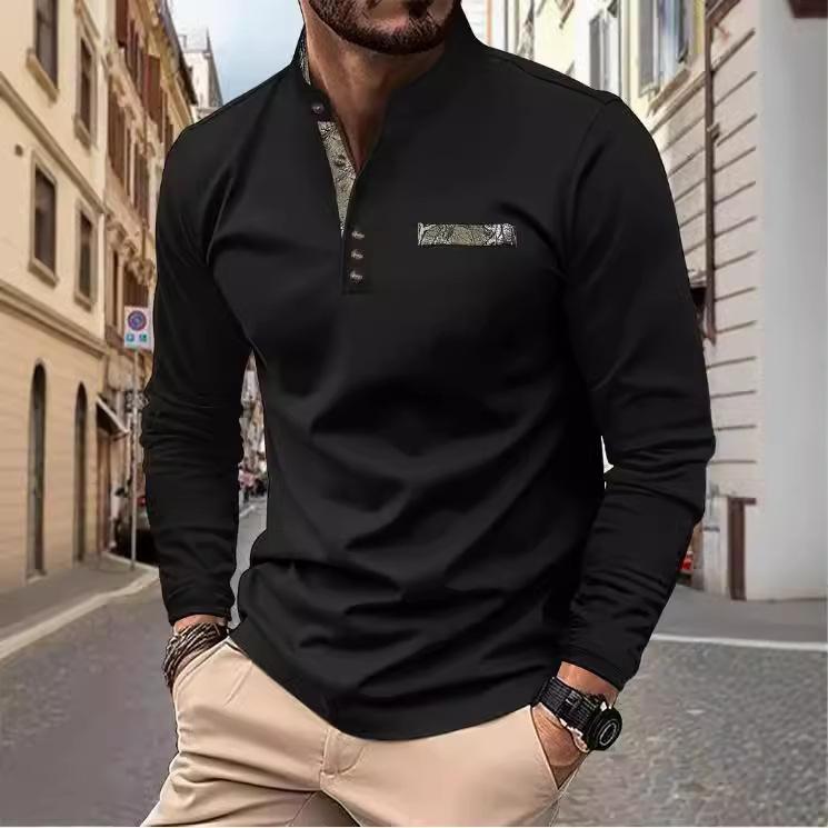 Men's Spring and Autumn Men's Stand-up Collar Polo Shirt Casual Sports Long-sleeved Henley Shirt