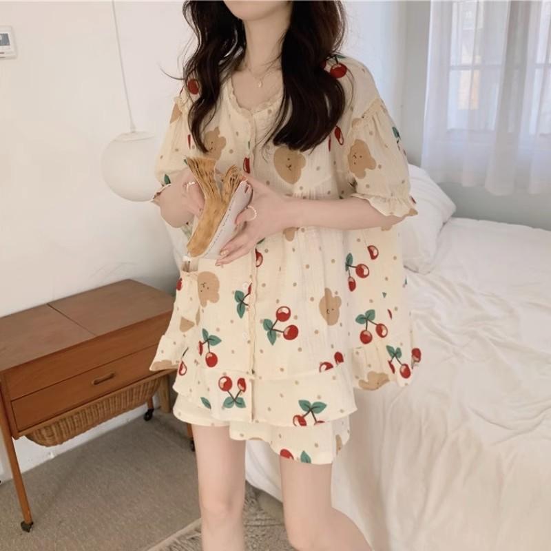 Летняя женская пижама, комплект домашней одежды, японская милая пижама для студентов, комплект домашней одежды из жатой ткани для младенцев из хлопка