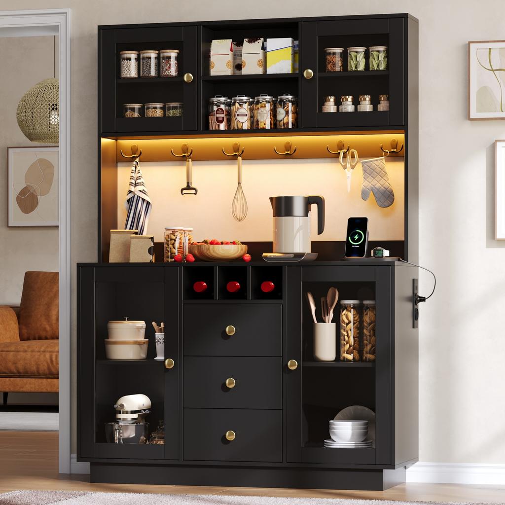 Kitchen Cabinet Tall Storage with LED Lights, Pantry with 3 Drawers and 4 Storage Cabinets, Display for Living Room and Dining Room, 120 × 40 × 170 cm