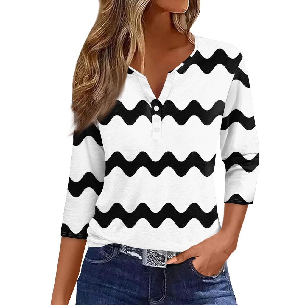 Женская модная повседневная футболка с v-образным вырезом, полосатый топ на пуговицах с семью рукавами и принтом
