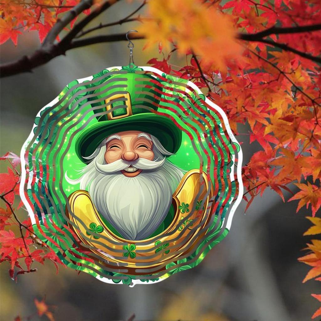 Lucky Gnome Wind Chime for Outdoor Garden Patio Decor with Horseshoe and Clover 360 Degree Rotating Hook Weatherproof 3D Artwork Universal Holiday