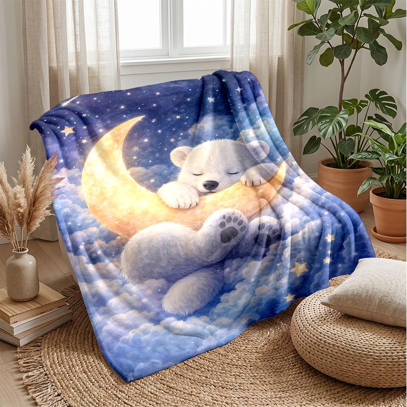 Polar Bear Sleeping on Moon Theme blanket Lightweight Warm Flannel Blanket Decorative Throw Blanket for Home Decoration