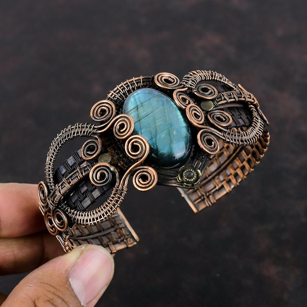 Labradorite Cuff Bracelet Copper Wire Wrapped Bangle Labradorite Bracelet Adjustable Bangle Gemstone Cuff Bracelet Handmade Bangle For Gifts
