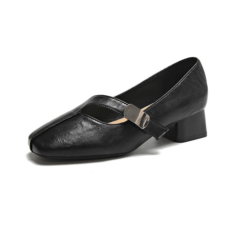 Модные женские туфли на толстой подошве, весенняя новинка, с квадратным носком, неглубоким вырезом, металлической пряжкой, мягкой подошвой, нескользящие, низкие
