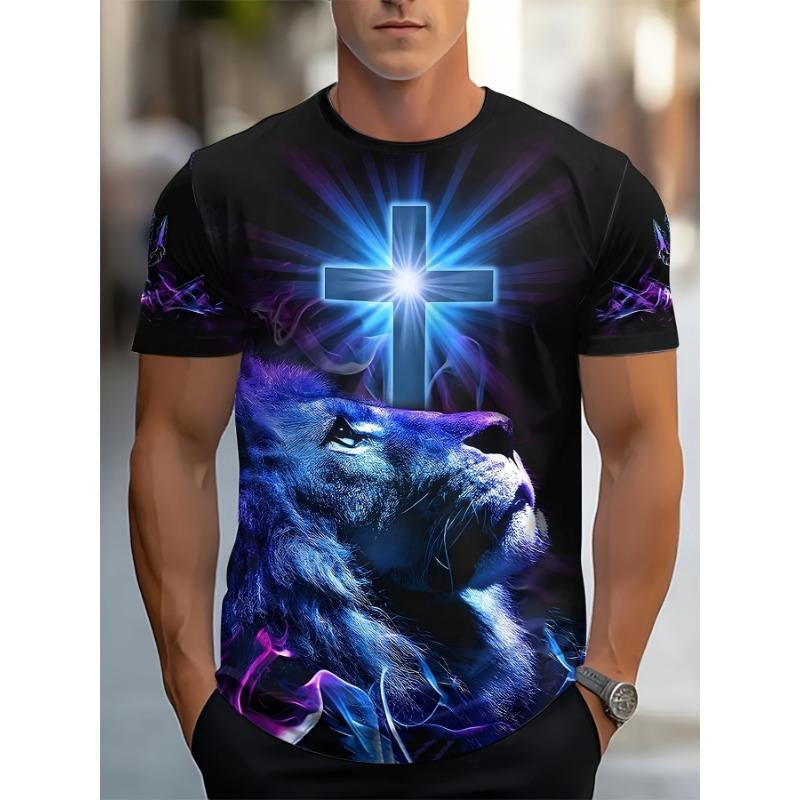 Jesus Christian Cross Lion Head 3D Graphic Tee Men's Fashion Black Short Sleeve T-Shirt Casual Crew Neck Summer Pullover Holy Faith Streetwear Tops