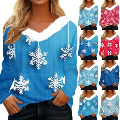 Женская рождественская рубашка с длинным рукавом и принтом снежинок, повседневные свободные футболки с V-образным вырезом