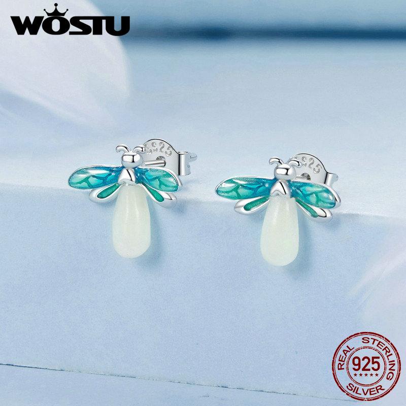 WOSTU Real 925 Sterling Silver Rainbow Firefly Luminous Stud Earrings For Wome Rainbow Glow in Dark Ear Studs Party Jewelry Gift