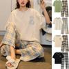 Women's Fashion Short Sleeve Round Neck Pullover Top Plaid Pants Set Loose Comfortable Home Outfit Sleepwear Homewear Pajamas 2PCS