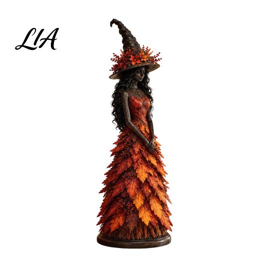 Indoor Holiday Table Decor Autumn Witch Statue, Resin Figurine with Maple Leaf Dress, Forest Theme Decorations Fall Harvest Halloween Tabletop