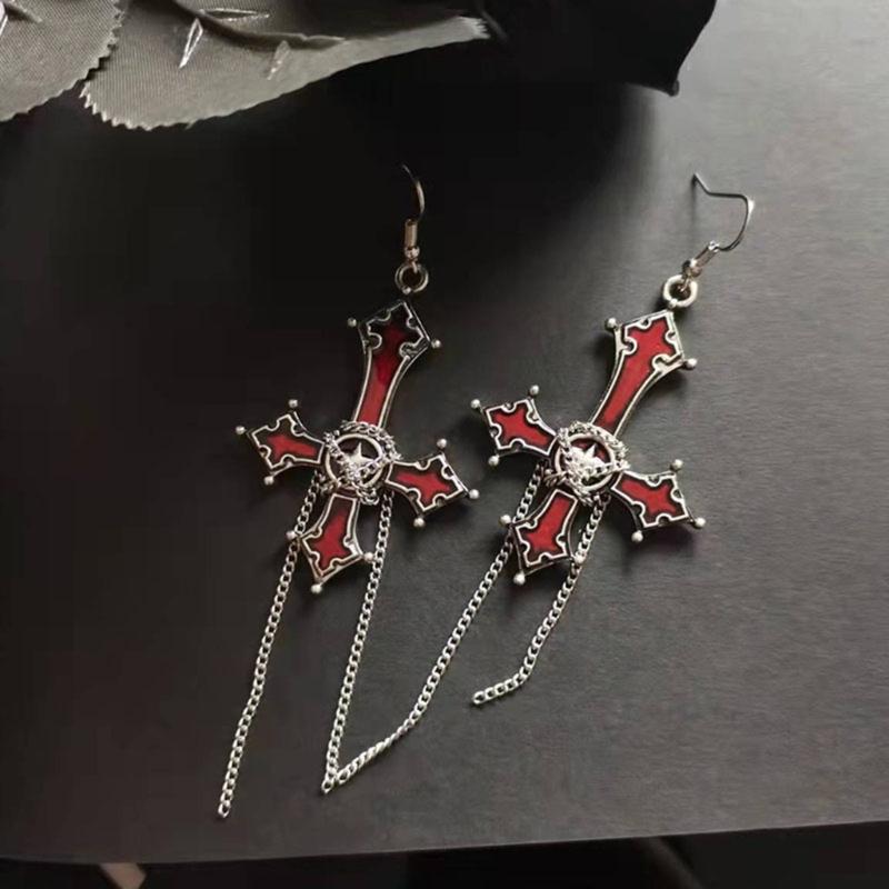 Gothic Style Punk Cool Cross-Earrings Long Chain Pendant Drop Earrings For Women Men Street Hip Hop Earring Jewelry Gift