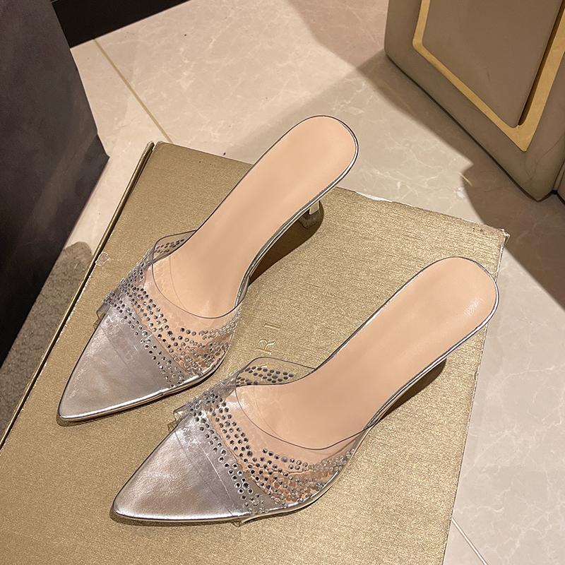 New Fashion Women'S Rhinester High Heels Slippers Transparent Pointed Thin Heels High Heels Sandals To Wear Outside
