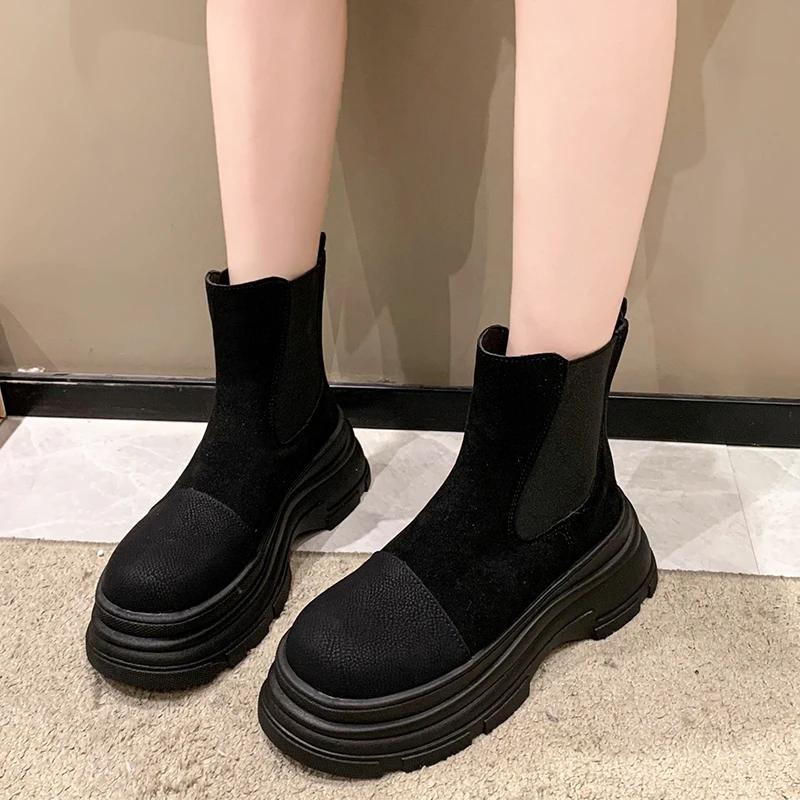 Мода Мода Универсальный Однотонный Женские Ботинки Толстая Подошва Круглый Носок Ботильоны Женская Меховая Панк Готическая Обувь