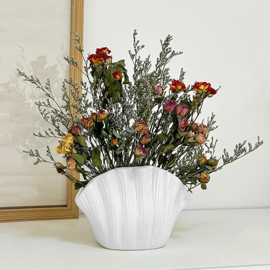 White Vinyl Shell Flower Vase Modern Pleated Flower Holder Container Home Office Table Centerpiece