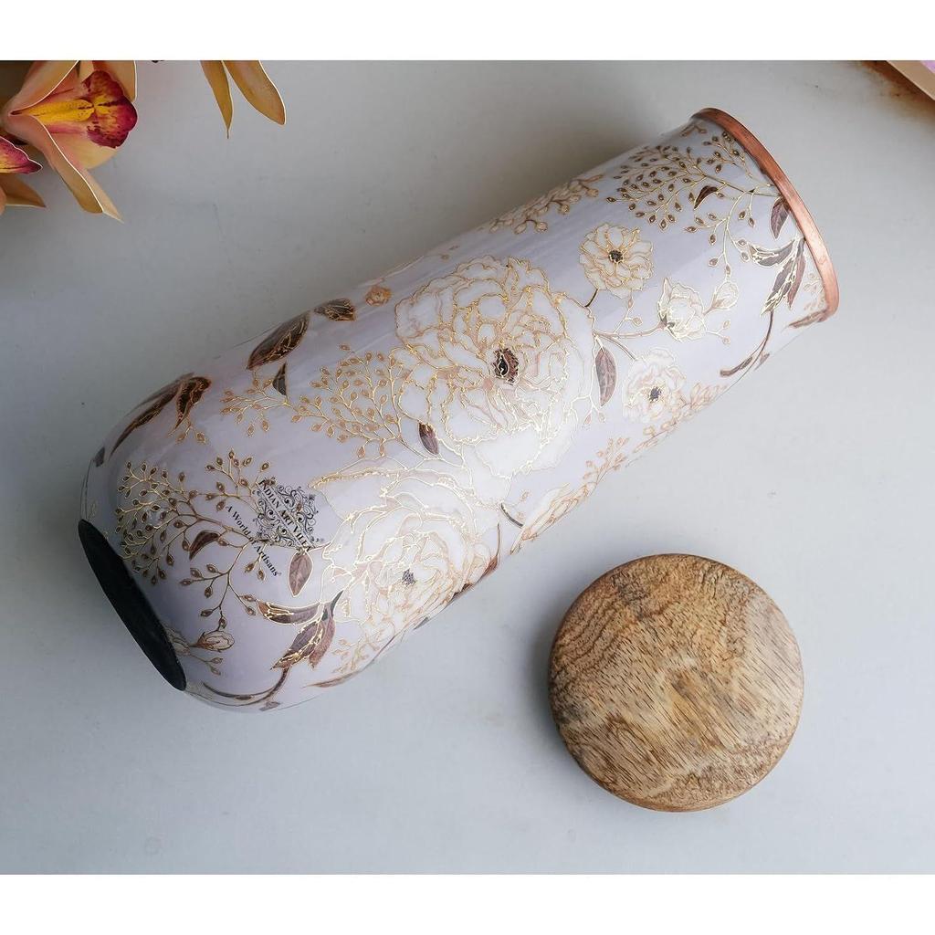 Copper Gold Printed Bottle with Wooden Lid – 1300 ML, Elegant Floral Design Copper Water Bottle for Daily Use, Home Décor, and Gifting
