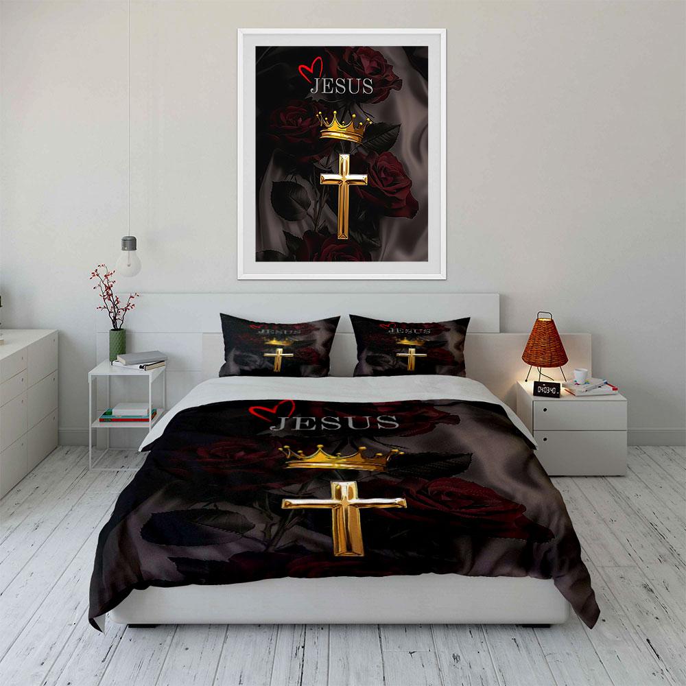 "Jesus Cross Rose Crown Design" Bedding Duvet Cover Set Duvet Cover Pillowcases (1 * Duvet Cover 2 * Pillowcases, without duvet insert)