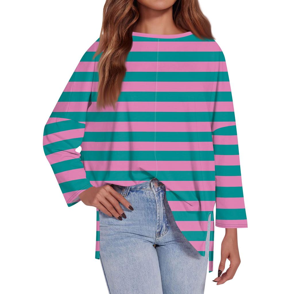 Женская модная свободная футболка большого размера с круглым вырезом и длинным рукавом, разрезом по бокам, в полоску, с принтом, повседневный топ