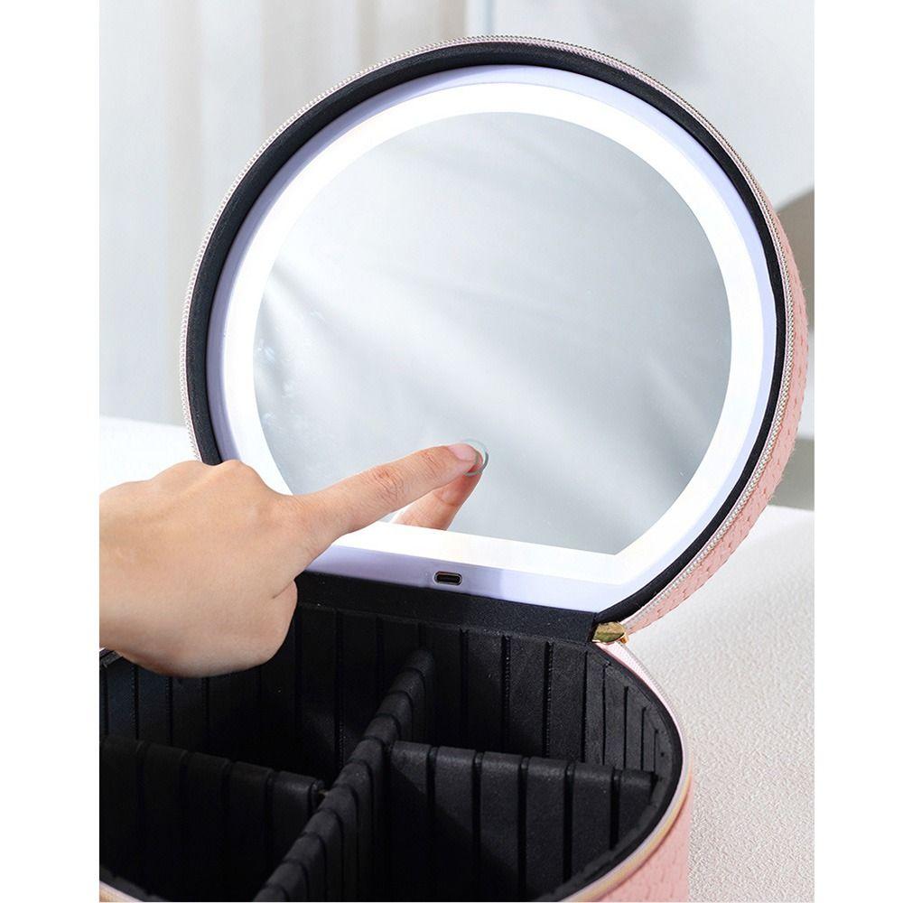 PU Leather LED Makeup Bag with Mirror Adjustable Dividers Lighted Cosmetic Storage Box  Vanity