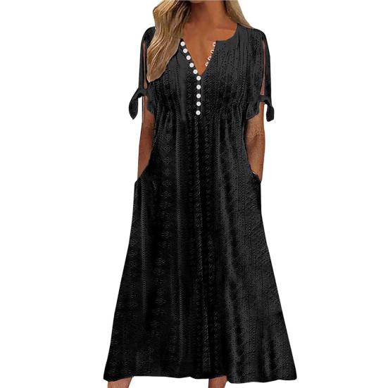 Женское летнее платье макси в стиле бохо с люверсами, пуговицами, V-образным вырезом, завязкой-узлом, коротким рукавом, летнее пляжное платье-сарафан для отдыха
