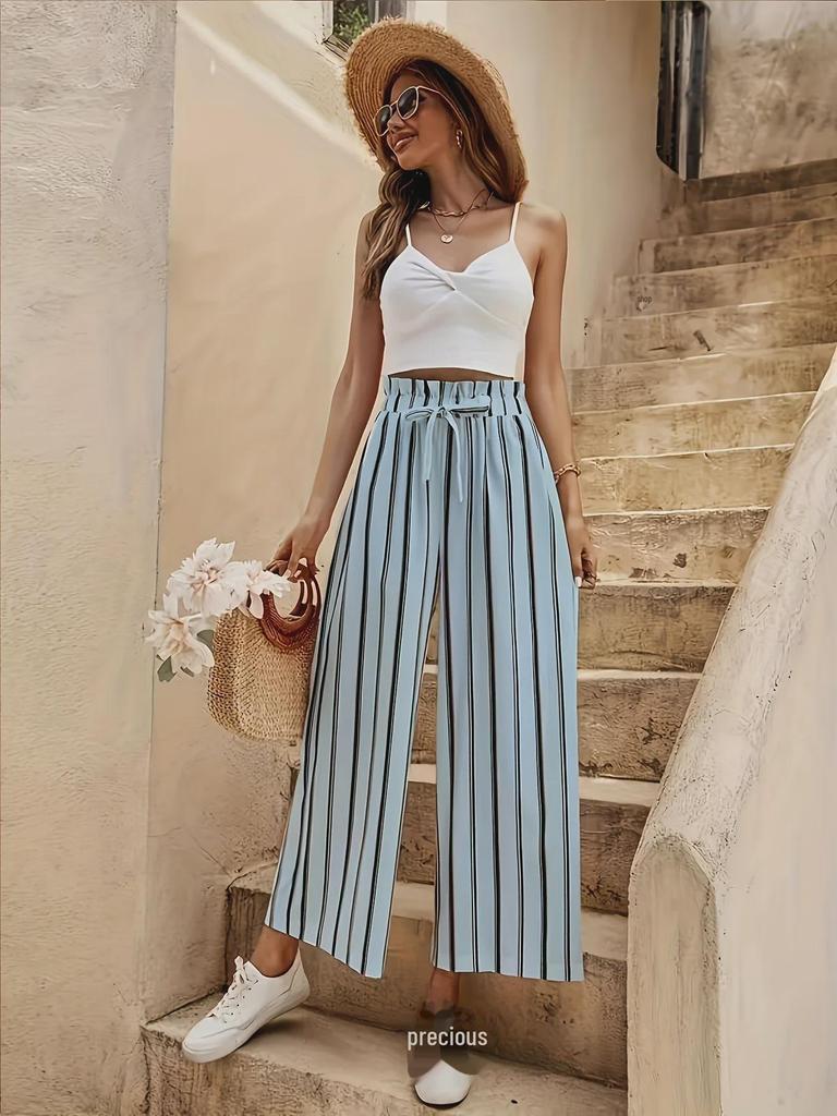 Женские летние полосатые брюки с высокой талией и широкими штанинами 2025 года — свободные, облегающие, повседневный стиль